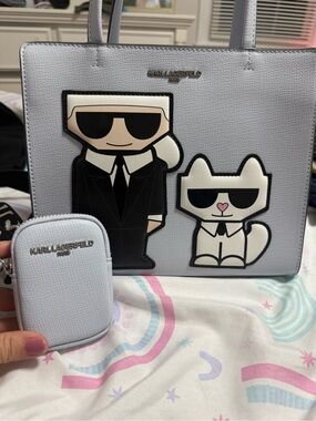Karl Lagerfeld Light Gray Tote with Karl & Choupette Appliqués